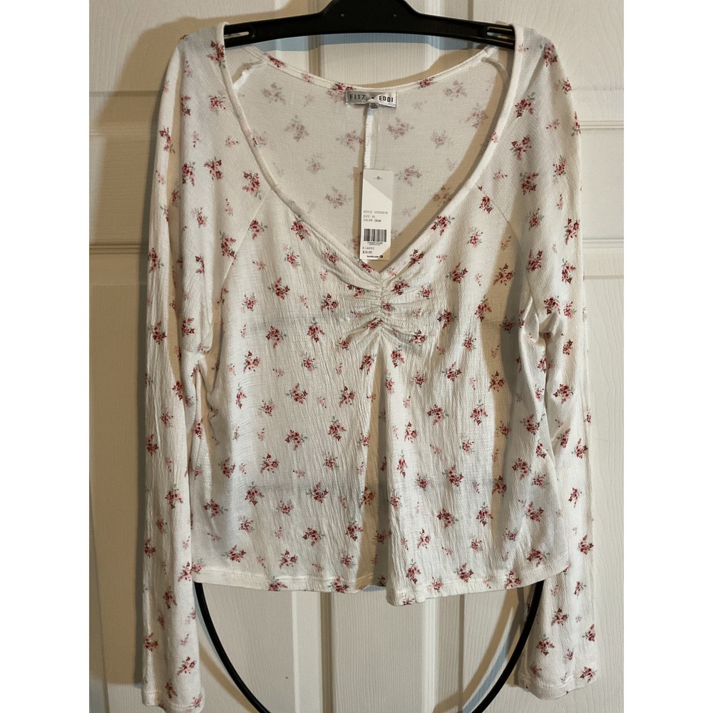 FITZ EDDI Cream Floral Ruched V Neck Long Sleeve Top XL‎ Textured